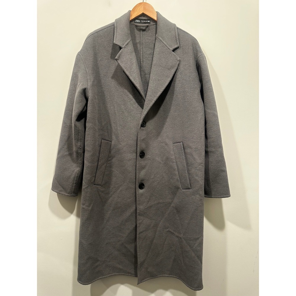 Zara Mens Grey Wool Blend Longline Overcoat Notched Lapel Topcoat Size Small